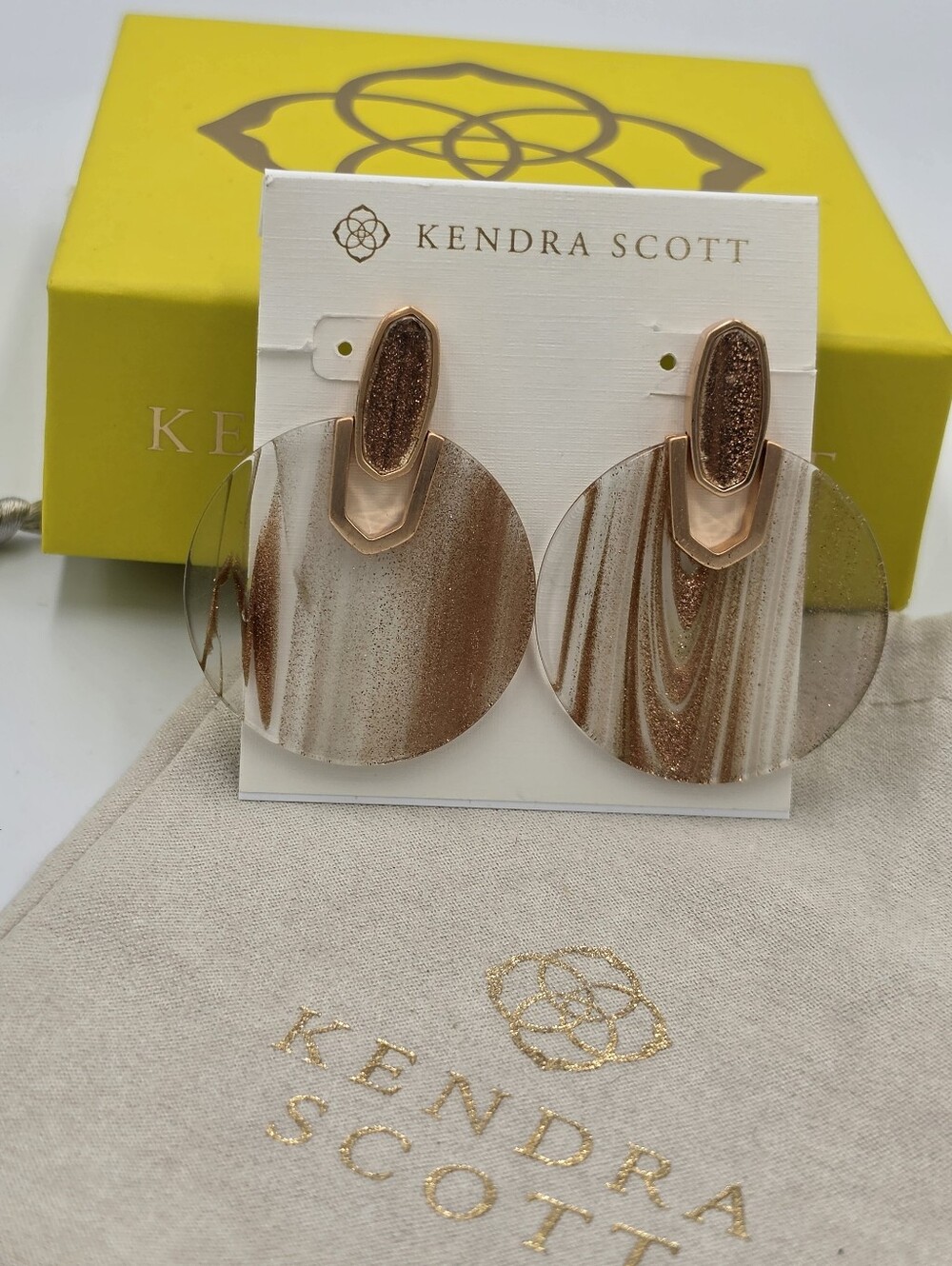 Kendra Scott Dodo Rose Gold and Beige Bronze Metallic Marbled Disc Drop Earrings